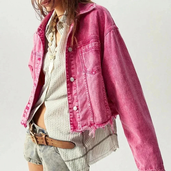 Hot Pink Casual Women's Loose Fit Dropped Shoulder Long Sleeve Washed Jacket - Picture 4 of 8